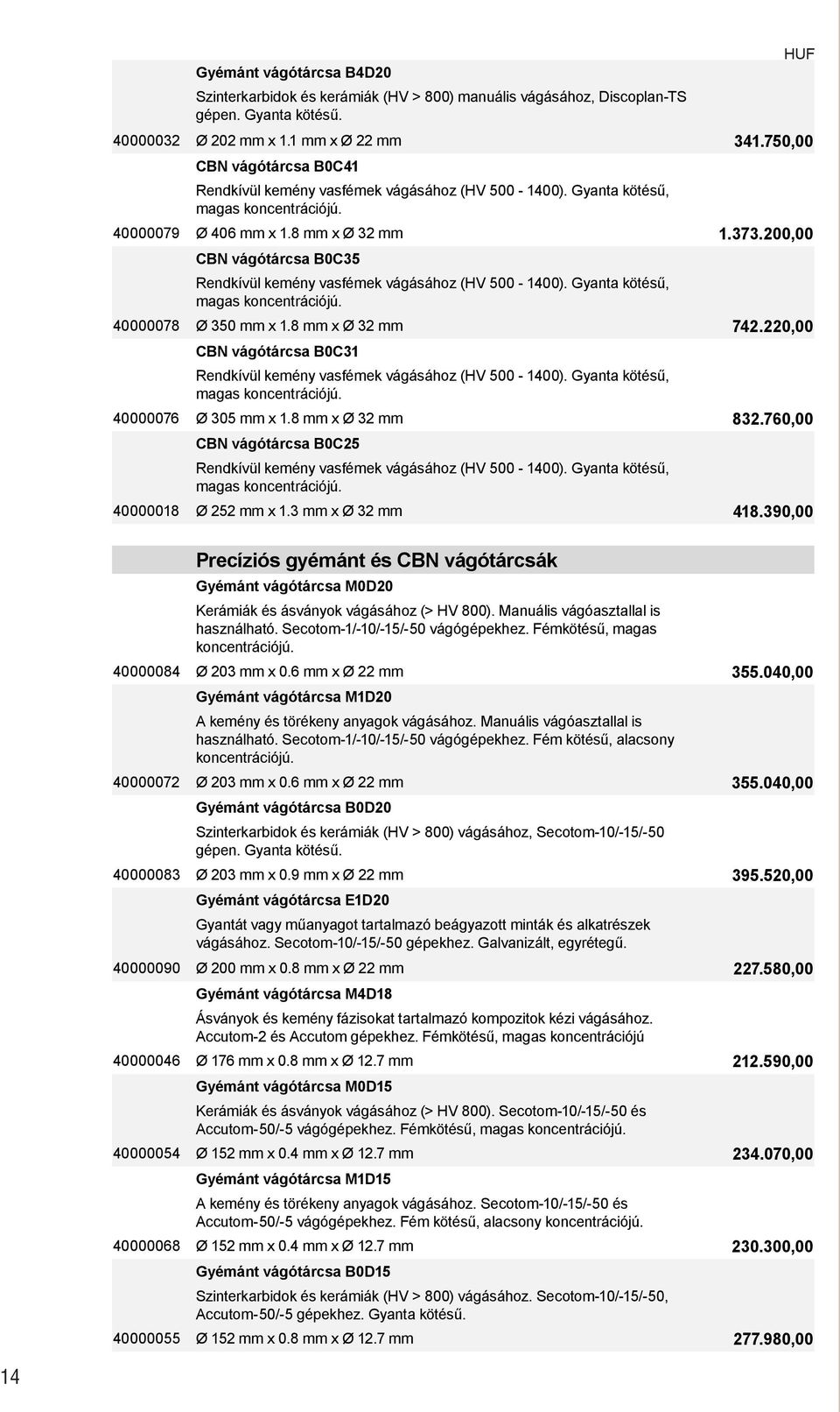 200,00 CBN vágótárcsa B0C35 Rendkívül kemény vasfémek vágásához (HV 500-1400). Gyanta kötésű, magas koncentrációjú. 40000078 Ø 350 mm x 1.8 mm x Ø 32 mm 742.