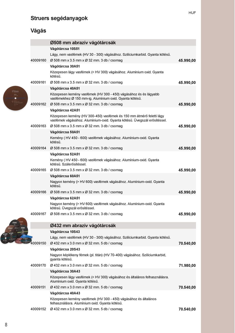 990,00 Vágótárcsa 40A51 Közepesen kemény vasfémek (HV 300-450) vágásához és és lágyabb vasfémekhez Ø 150 mm-ig. Alumínium oxid. Gyanta kötésű. 40009162 Ø 508 mm x 3.5 mm x Ø 32 mm. 3 db / csomag 45.