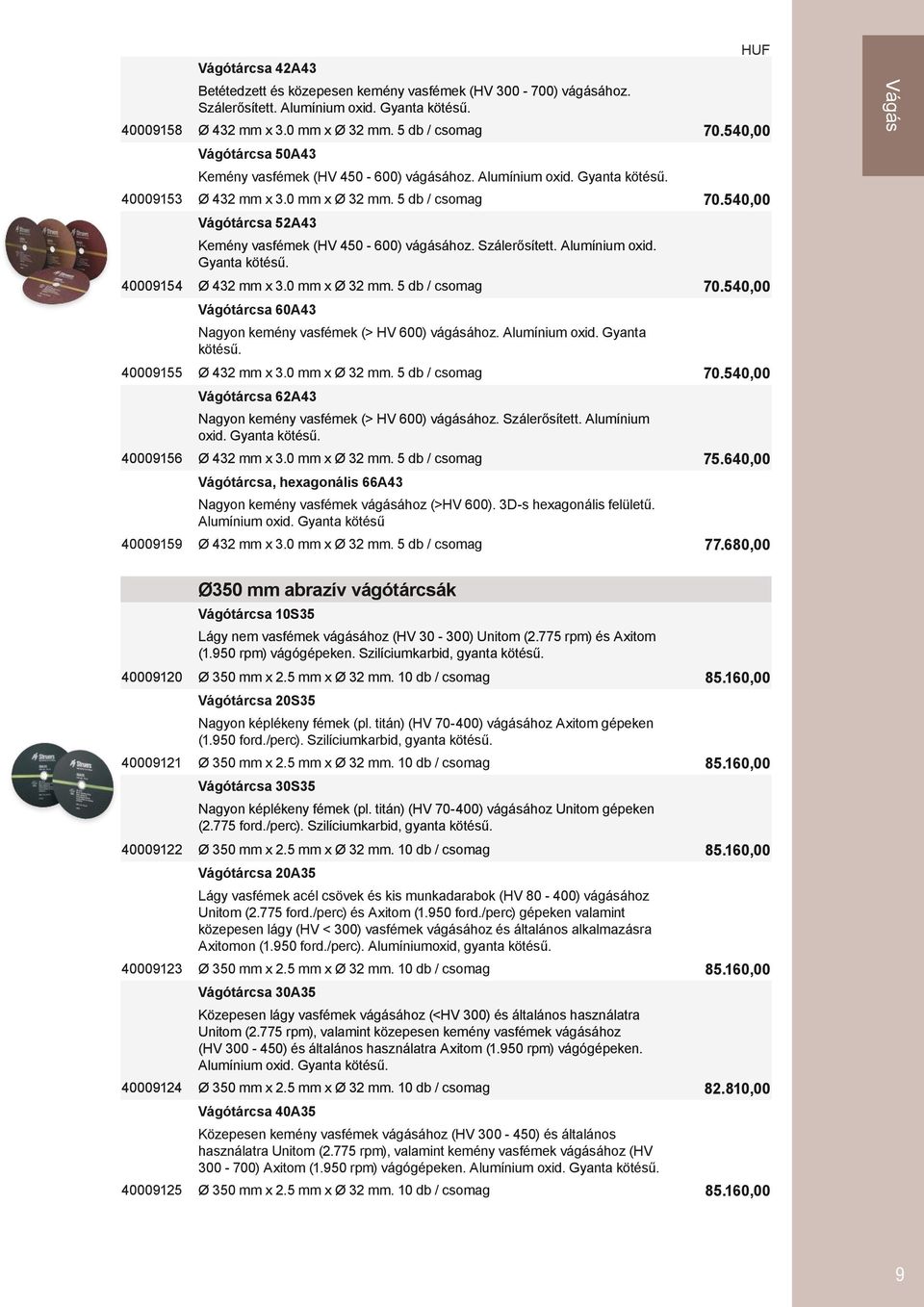540,00 Vágótárcsa 52A43 Kemény vasfémek (HV 450-600) vágásához. Szálerősített. Alumínium oxid. Gyanta kötésű. 40009154 Ø 432 mm x 3.0 mm x Ø 32 mm. 5 db / csomag 70.