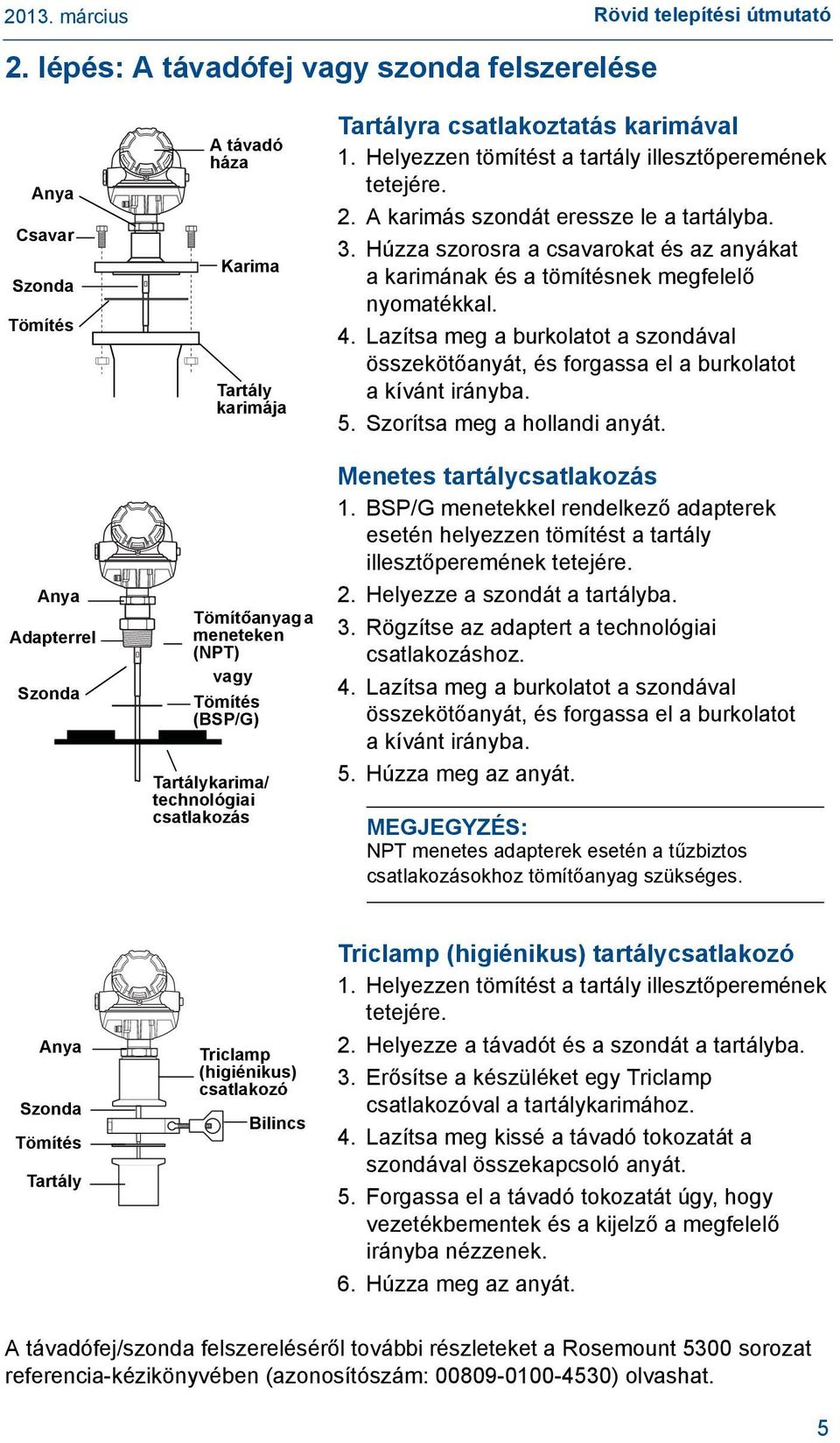 technológiai csatlakozás Tartályra csatlakoztatás karimával 1. Helyezzen tömítést a tartály illesztőperemének tetejére. 2. A karimás szondát eressze le a tartályba. 3.