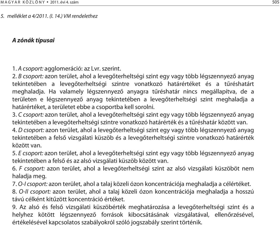 B csoport: azon terület, ahol a levegőterheltségi szint egy vagy több légszennyező anyag tekintetében a levegőterheltségi szintre vonatkozó határértéket és a tűréshatárt meghaladja.