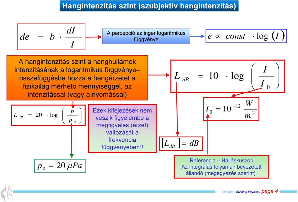 nyomással) 20 log p p 0 L db 10 0 10 log 12 Ezek kifejezések nem 2 L db veszik figyelembe a megfigyelés (érzet) változását a frekvencia