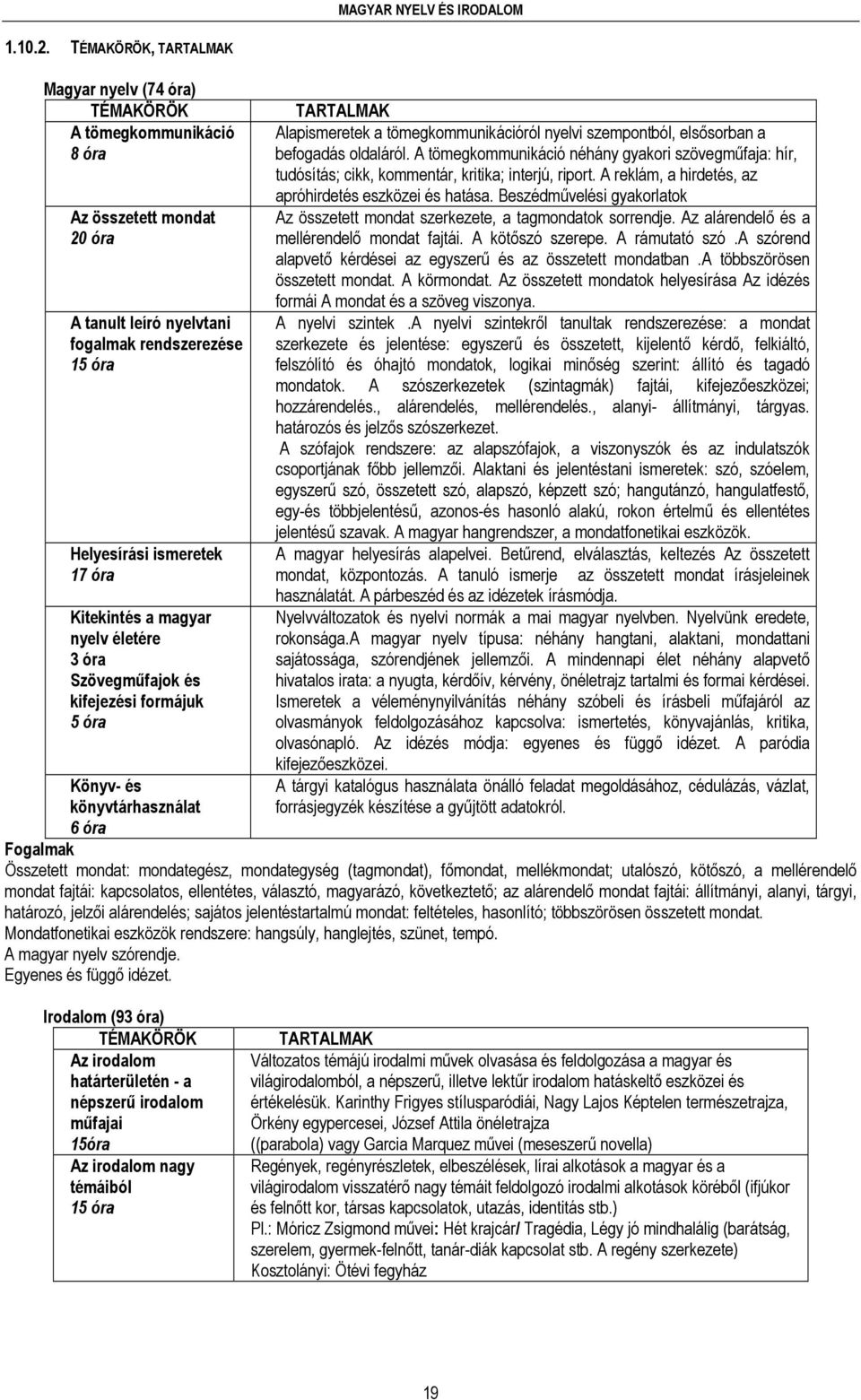 Kitekintés a magyar nyelv életére 3 óra Szövegműfajok és kifejezési formájuk 5 óra Könyv- és könyvtárhasználat 6 óra TARTALMAK Alapismeretek a tömegkommunikációról nyelvi szempontból, elsősorban a