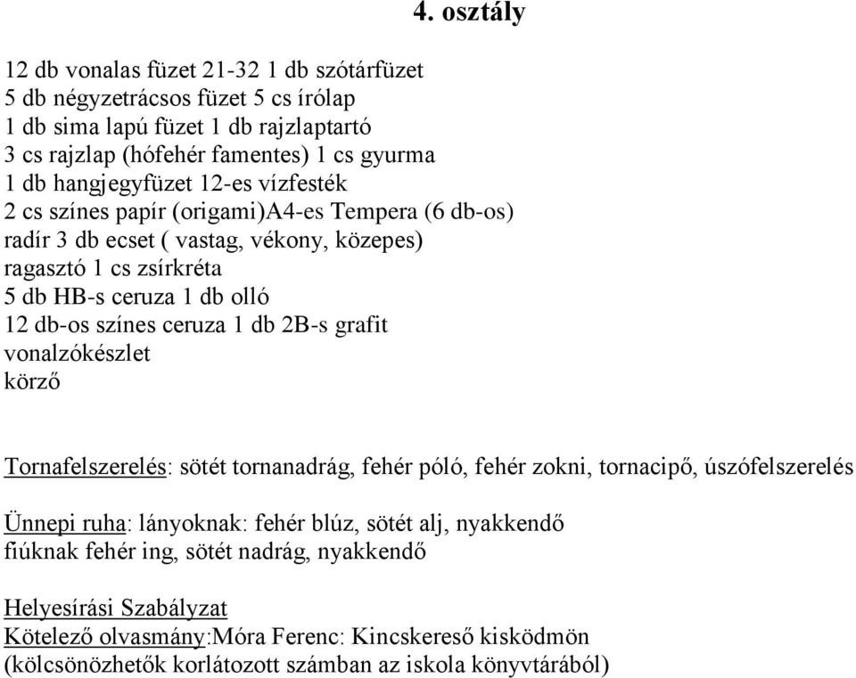 1 cs zsírkréta 5 db HB-s ceruza olló 12 db-os színes ceruza 2B-s grafit vonalzókészlet körző Tornafelszerelés: sötét tornanadrág, fehér póló,