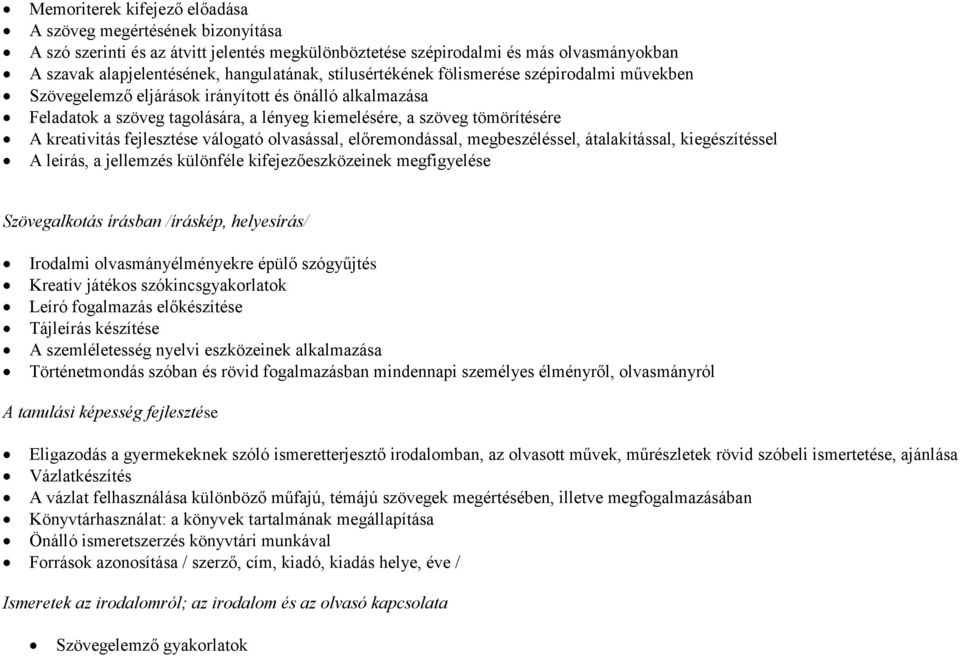 fejlesztése válogató olvasással, előremondással, megbeszéléssel, átalakítással, kiegészítéssel A leírás, a jellemzés különféle kifejezőeszközeinek megfigyelése Szövegalkotás írásban /íráskép,