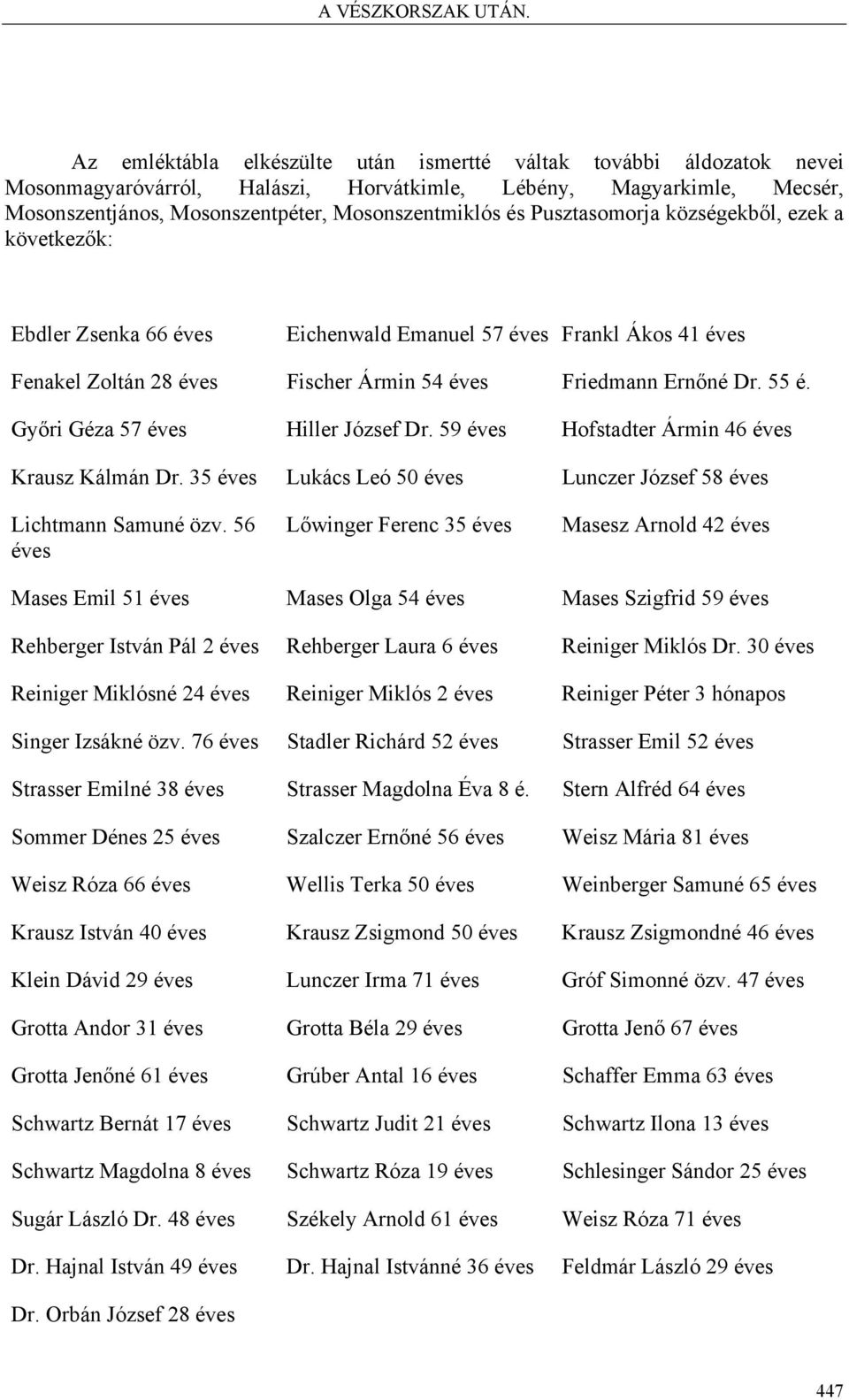 Győri Géza 57 éves Hiller József Dr. 59 éves Hofstadter Ármin 46 éves Krausz Kálmán Dr. 35 éves Lukács Leó 50 éves Lunczer József 58 éves Lichtmann Samuné özv.