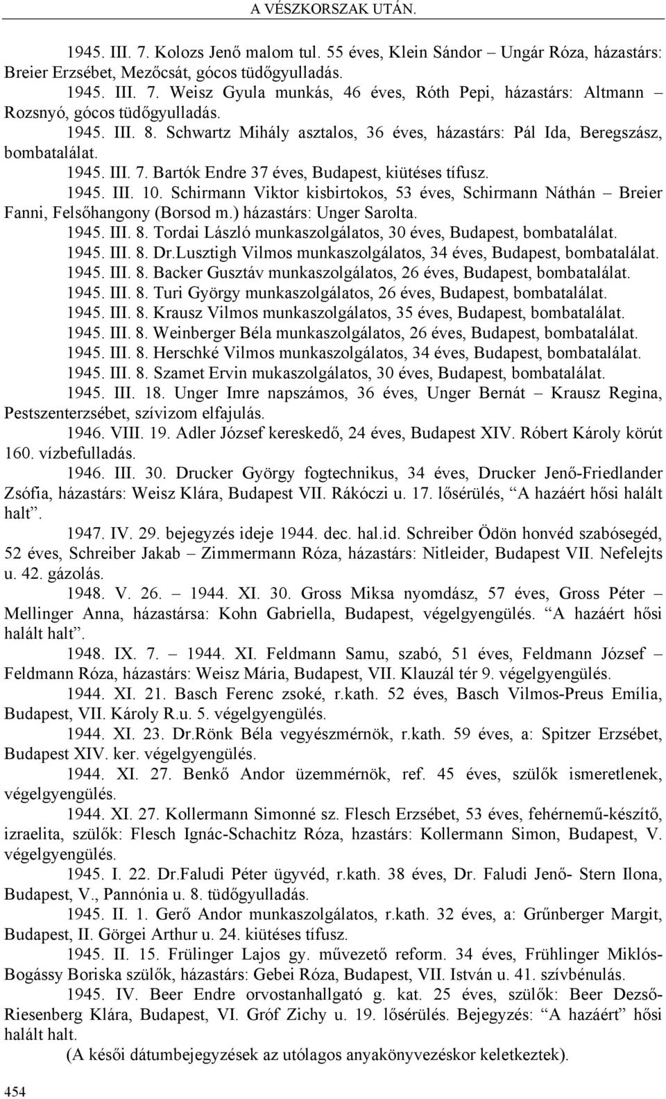 Schirmann Viktor kisbirtokos, 53 éves, Schirmann Náthán Breier Fanni, Felsőhangony (Borsod m.) házastárs: Unger Sarolta. 1945. III. 8. Tordai László munkaszolgálatos, 30 éves, Budapest, bombatalálat.