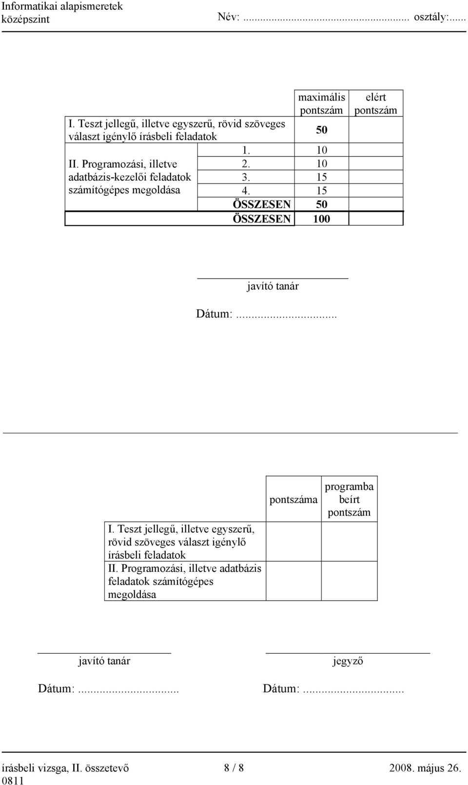 15 ÖSSZESEN 50 ÖSSZESEN 100 elért pontszám javító tanár Dátum:.