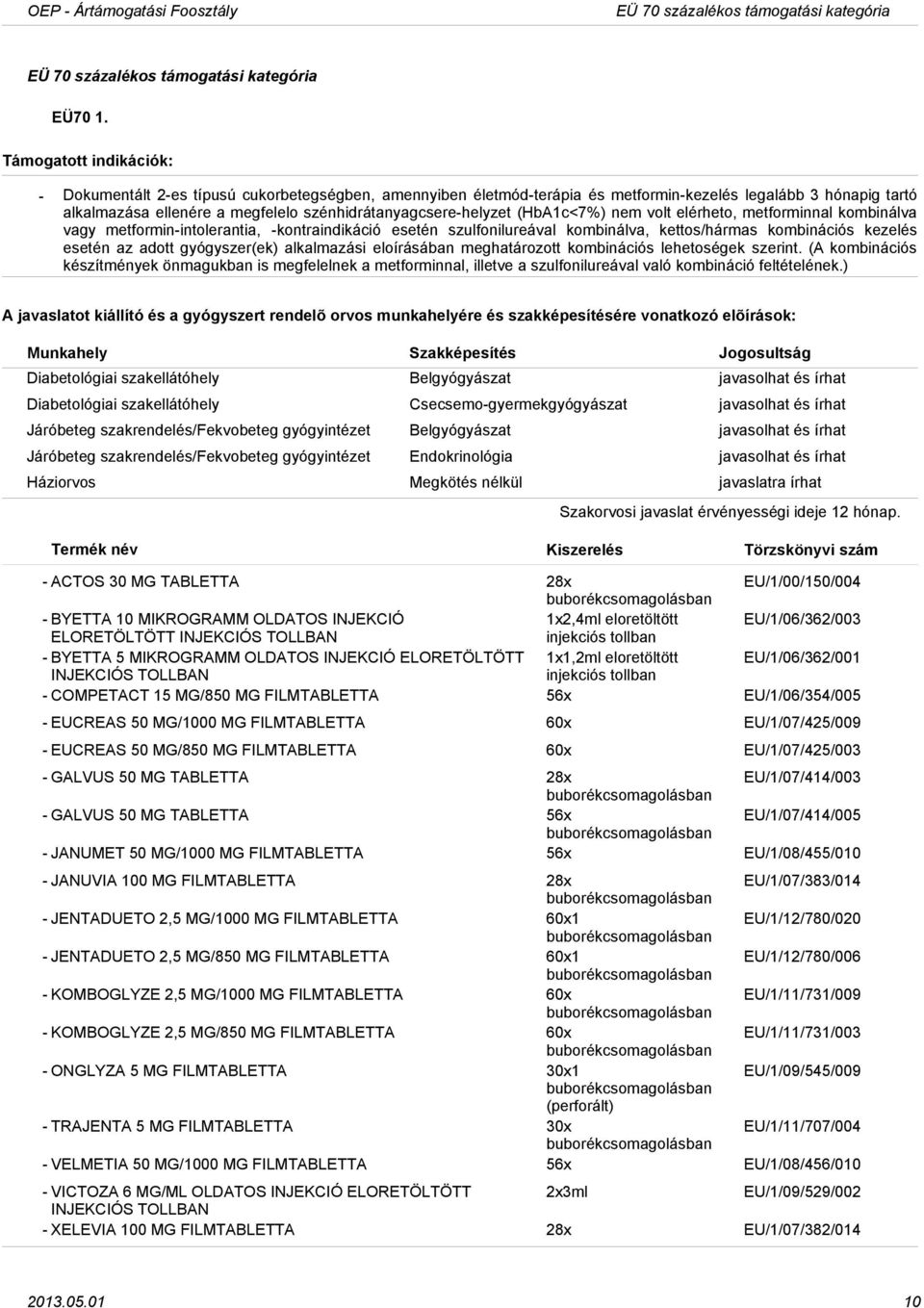 elérheto, metforminnal kombinálva vagy metforminintolerantia, kontraindikáció esetén szulfonilureával kombinálva, kettos/hármas kombinációs kezelés esetén az adott gyógyszer(ek) alkalmazási