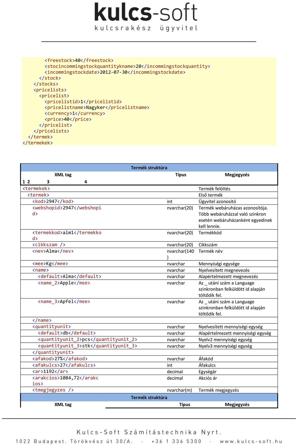 <termekek> Termék felöltés <termek> Első termék <kod>2947</kod> int Ügyvitel azonosító <webshopid>2947</webshopi d> nvarchar(20) Termék webáruházas azonosítója.