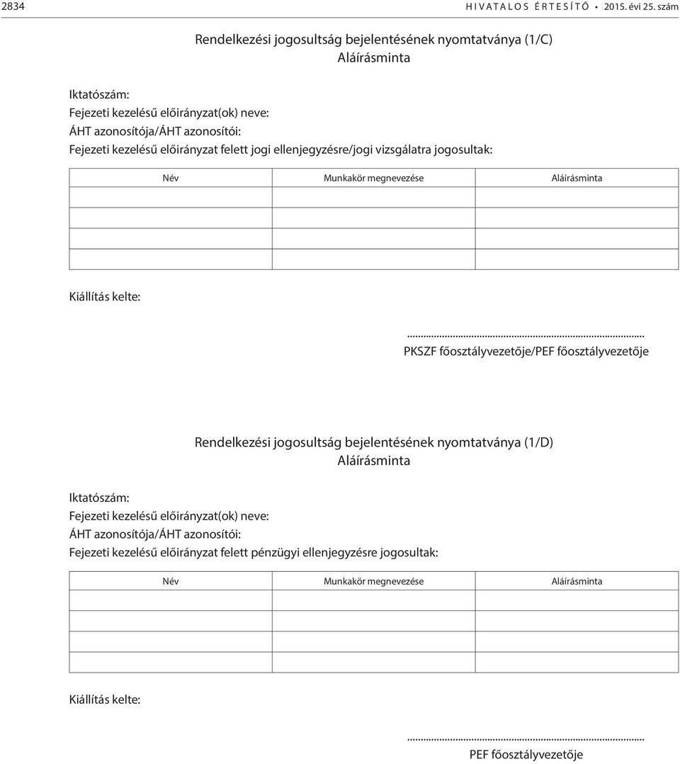 kezelésű előirányzat felett jogi ellenjegyzésre/jogi vizsgálatra jogosultak: Név Munkakör megnevezése Aláírásminta Kiállítás kelte:.