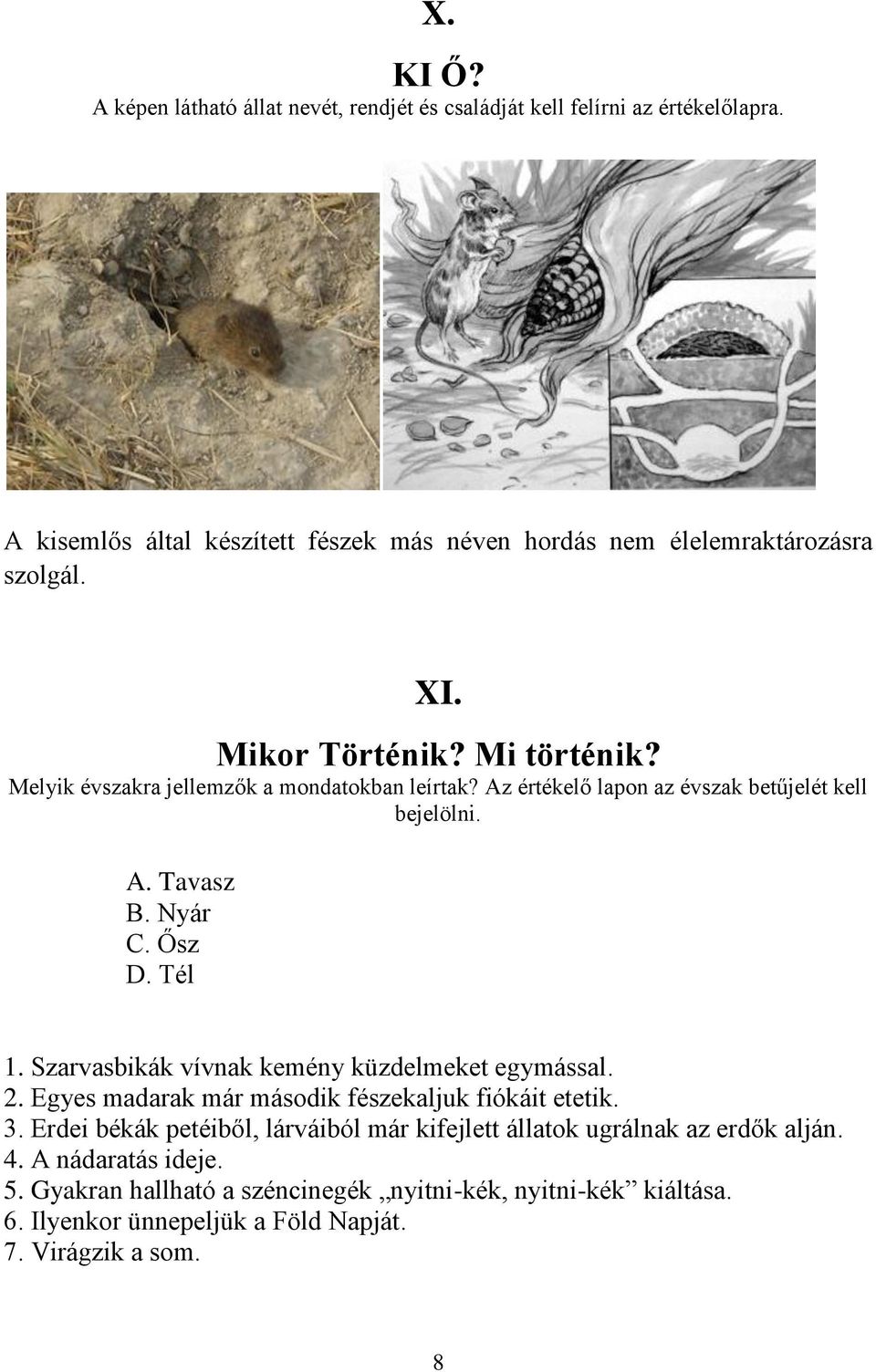 Az értékelő lapon az évszak betűjelét kell bejelölni. A. Tavasz B. Nyár C. Ősz D. Tél 1. Szarvasbikák vívnak kemény küzdelmeket egymással. 2.