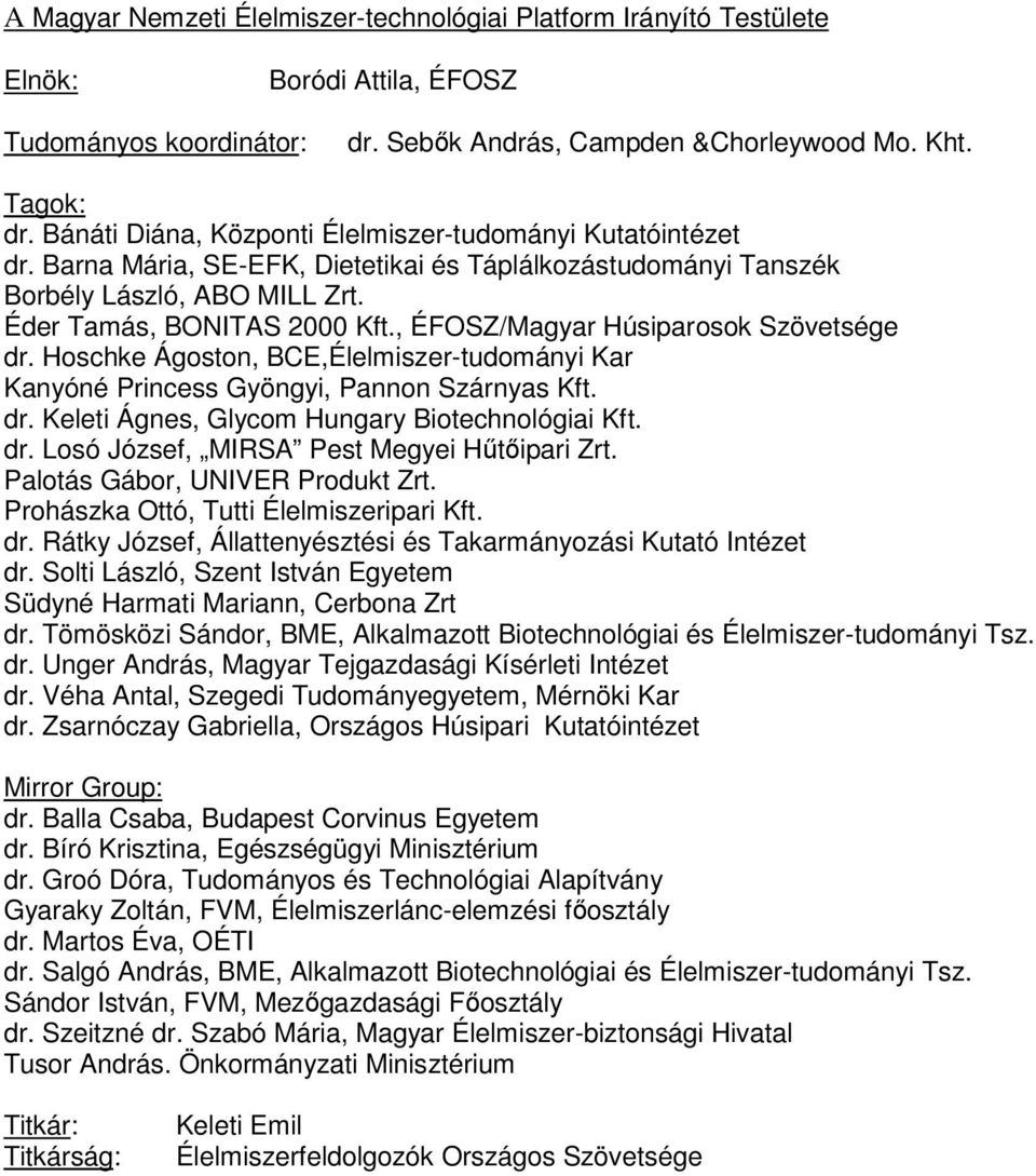 , ÉFOSZ/Magyar Húsiparosok Szövetsége dr. Hoschke Ágoston, BCE,Élelmiszer-tudományi Kar Kanyóné Princess Gyöngyi, Pannon Szárnyas Kft. dr. Keleti Ágnes, Glycom Hungary Biotechnológiai Kft. dr. Losó József, MIRSA Pest Megyei Hűtőipari Zrt.