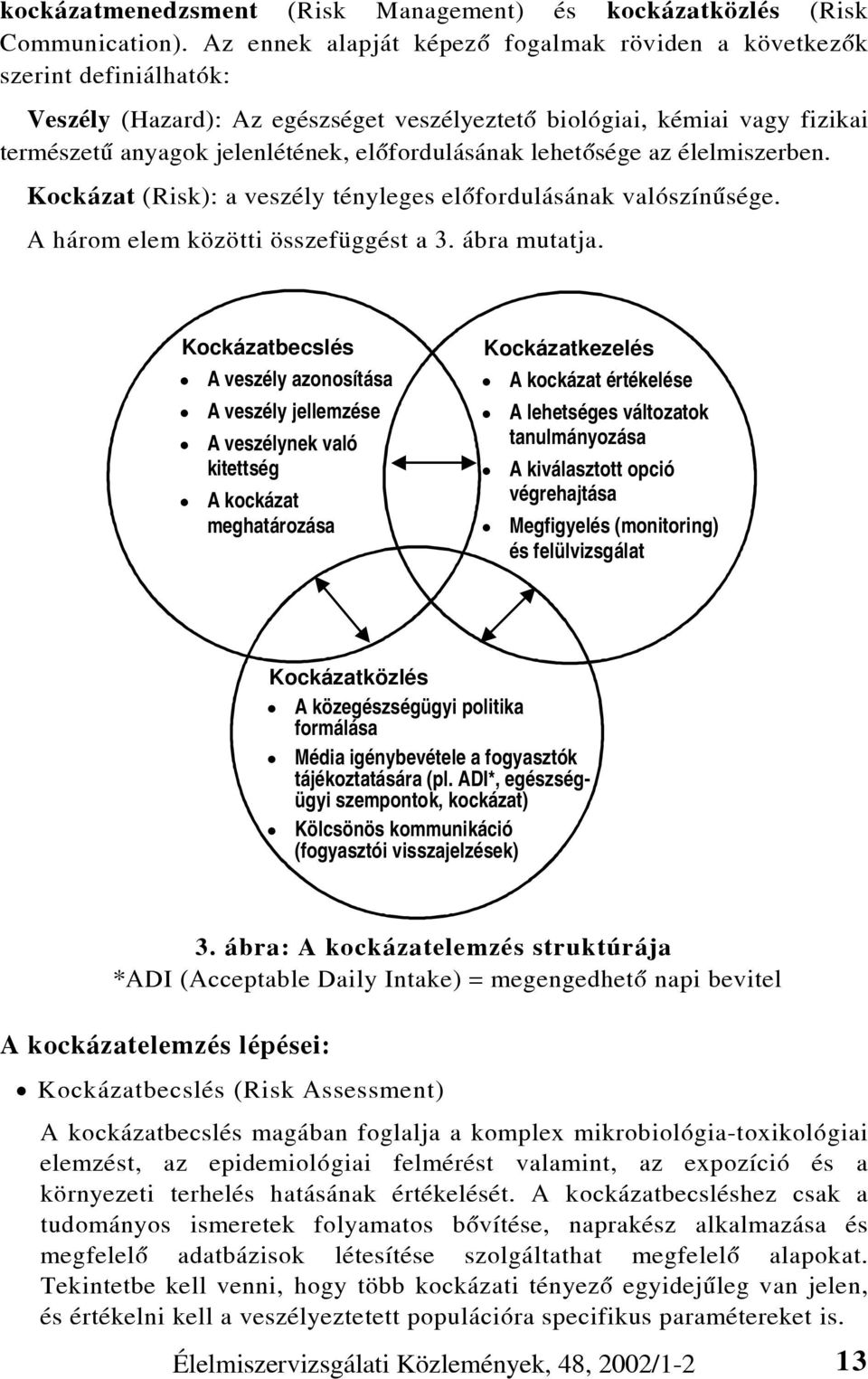 elõfordulásának lehetõsége az élelmiszerben. Kockázat (Risk): a veszély tényleges elõfordulásának valószínûsége. A három elem közötti összefüggést a 3. ábra mutatja.
