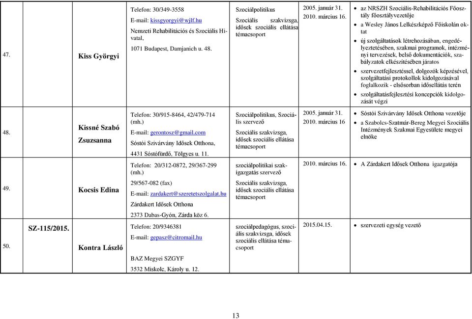 tervezések, belső dokumentációk, szabályzatok elkészítésében járatos szervezetfejlesztéssel, dolgozók képzésével, szolgáltatási protokollok kidolgozásával foglalkozik - elsősorban idősellátás terén
