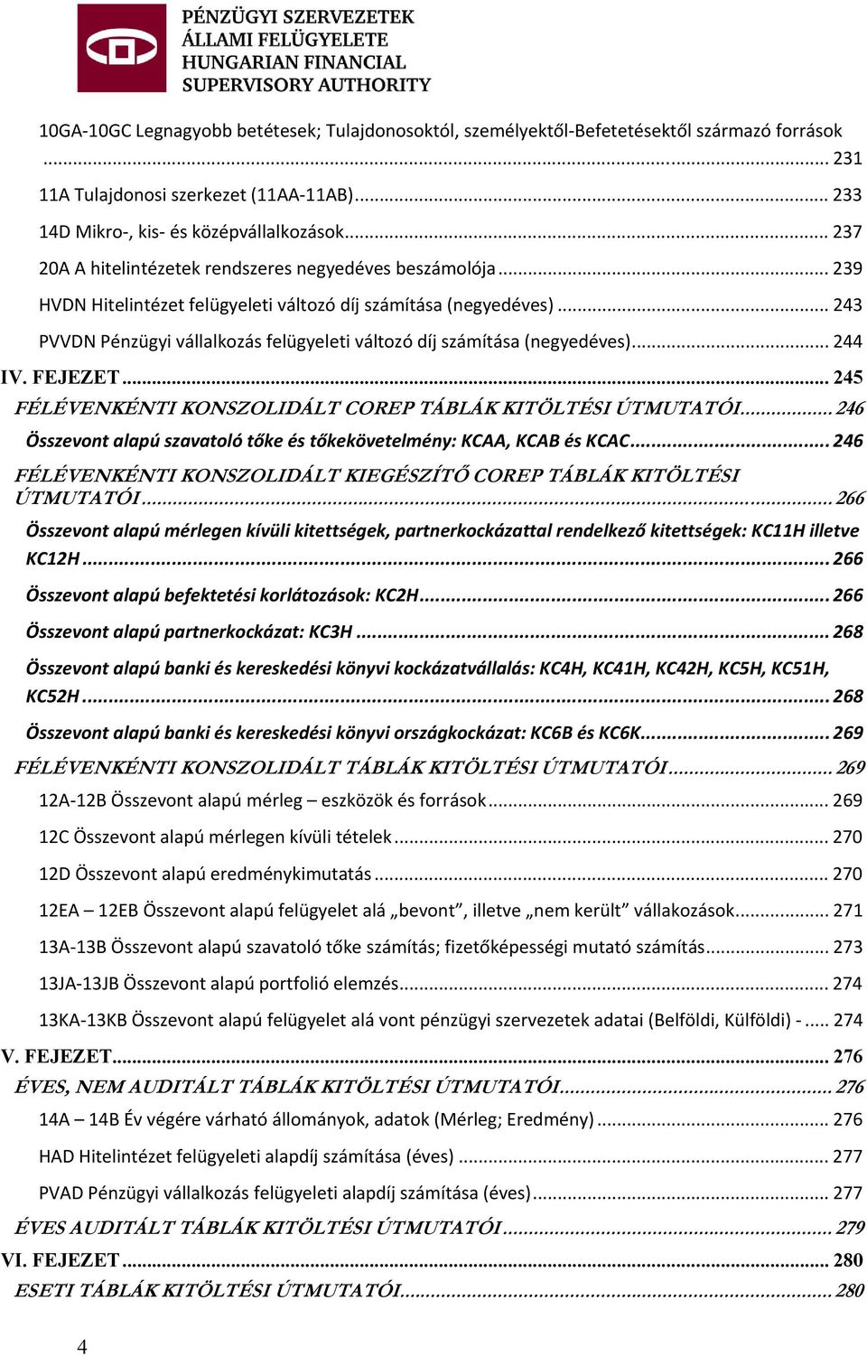 .. 243 PVVDN Pénzügyi vállalkozás felügyeleti változó díj számítása (negyedéves)... 244 IV. FEJEZET... 245 FÉLÉVENKÉNTI KONSZOLIDÁLT COREP TÁBLÁK KITÖLTÉSI ÚTMUTATÓI.