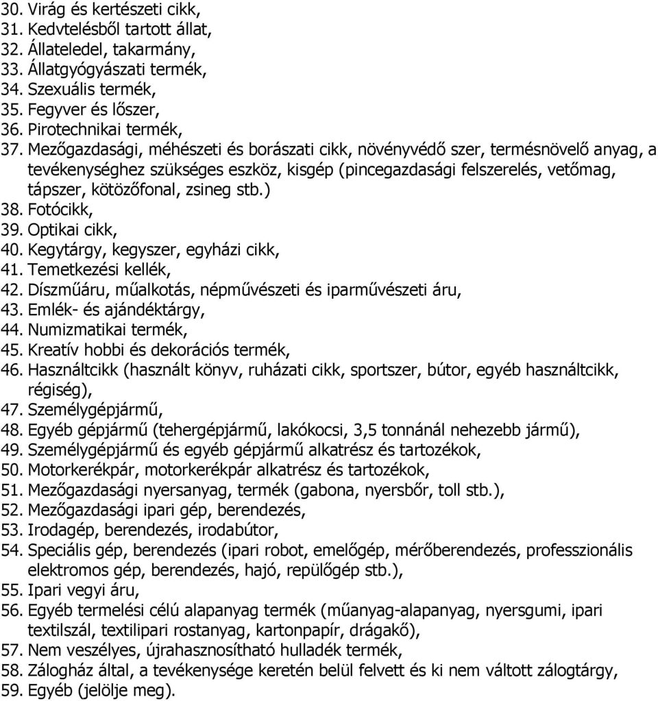 Fotócikk, 39. Optikai cikk, 40. Kegytárgy, kegyszer, egyházi cikk, 41. Temetkezési kellék, 42. Díszműáru, műalkotás, népművészeti és iparművészeti áru, 43. Emlék- és ajándéktárgy, 44.