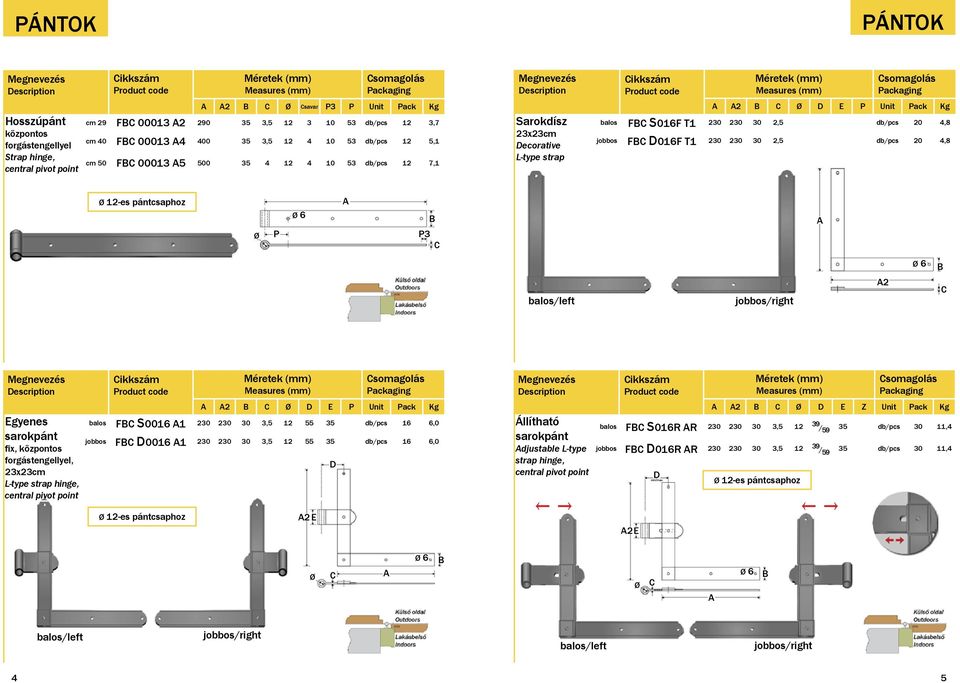 2,5 db/pcs 20 4,8 12-es pántcsaphoz P 6 P3 balos/left jobbos/right 2 6 gyenes sarokpánt fix, központos forgástengellyel, 23x23cm L-type strap hinge, central pivot point balos F S0016 1 jobbos F 0016