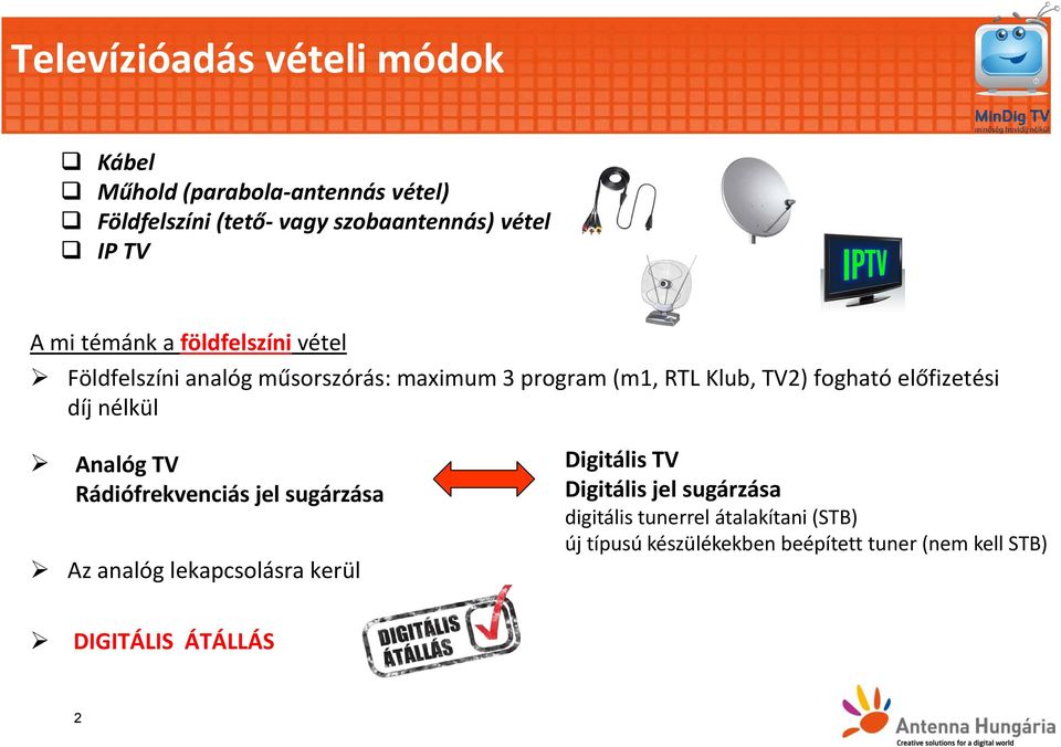 előfizetési díj nélkül Analóg TV Rádiófrekvenciás jel sugárzása Az analóg lekapcsolásra kerül Digitális TV Digitális