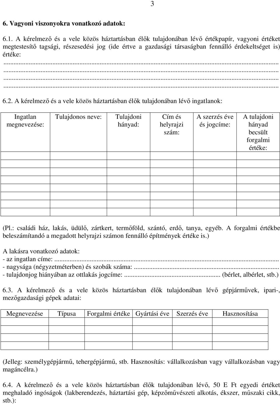 6.2. A kérelmezı és a vele közös háztartásban élık tulajdonában lévı ingatlanok: Ingatlan megnevezése: Tulajdonos neve: Tulajdoni hányad: Cím és helyrajzi szám: A szerzés éve és jogcíme: A tulajdoni