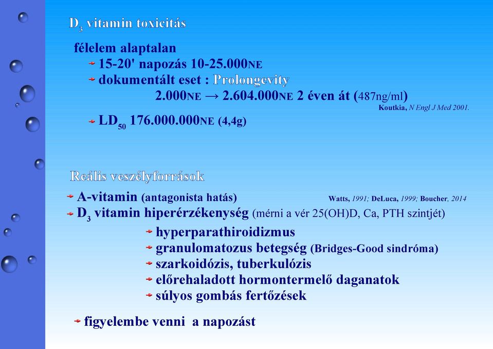 Watts, 1991; DeLuca, 1999; Boucher, 2014 D3 vitamin hiperérzékenység (mérni a vér 25(OH)D, Ca, PTH szintjét) hyperparathiroidizmus