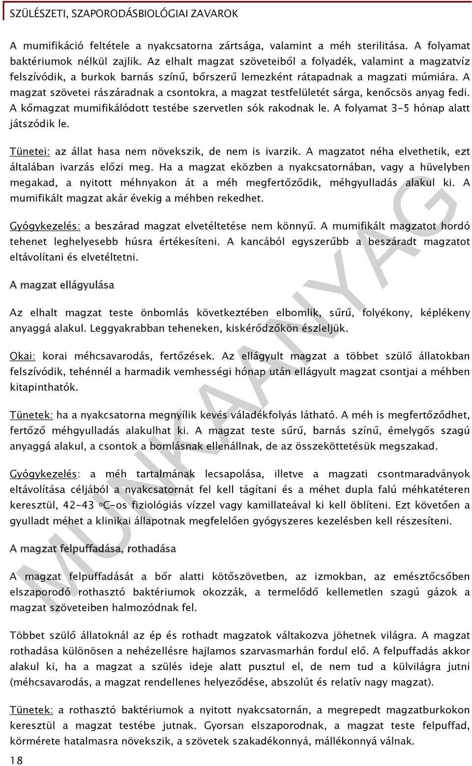 A magzat szövetei rászáradnak a csontokra, a magzat testfelületét sárga, kenőcsös anyag fedi. A kőmagzat mumifikálódott testébe szervetlen sók rakodnak le. A folyamat 3-5 hónap alatt játszódik le.