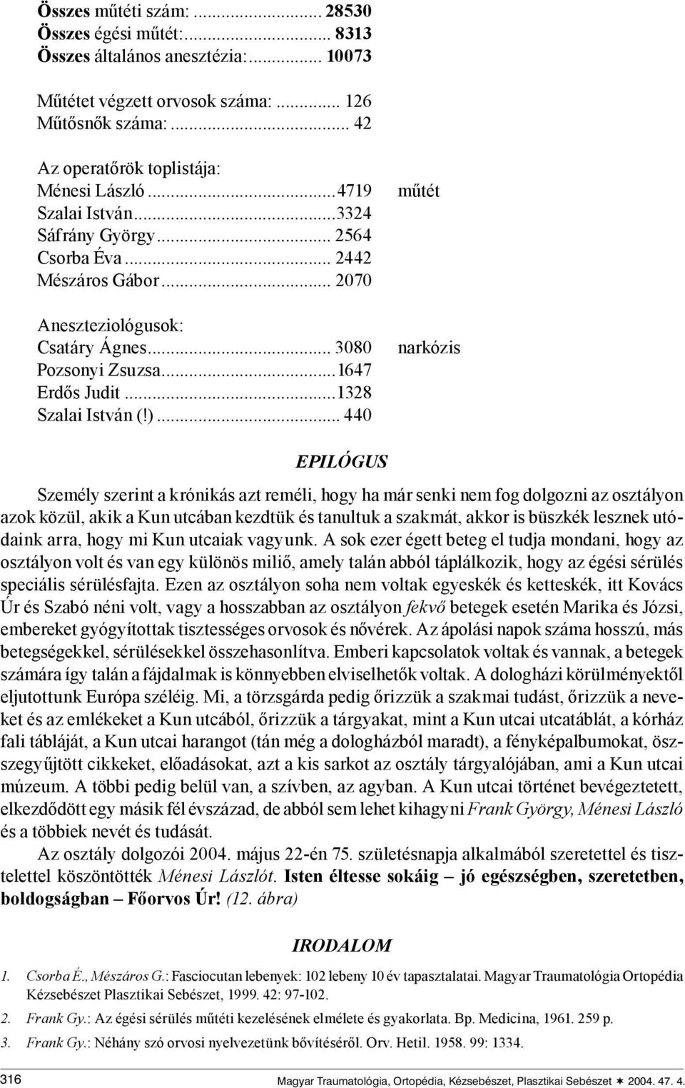 .. 440 műtét narkózis EPILÓGUS Személy szerint a krónikás azt reméli, hogy ha már senki nem fog dolgozni az osztályon azok közül, akik a Kun utcában kezdtük és tanultuk a szakmát, akkor is büszkék