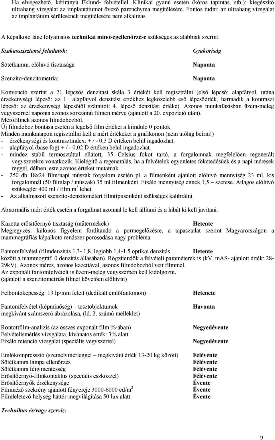 A képalkotó lánc folyamatos technikai minőségellenőrzése szükséges az alábbiak szerint: Szakasszisztensi feladatok: Sötétkamra, előhívó tisztasága Szenzito-denzitometria: Gyakoriság Naponta Naponta