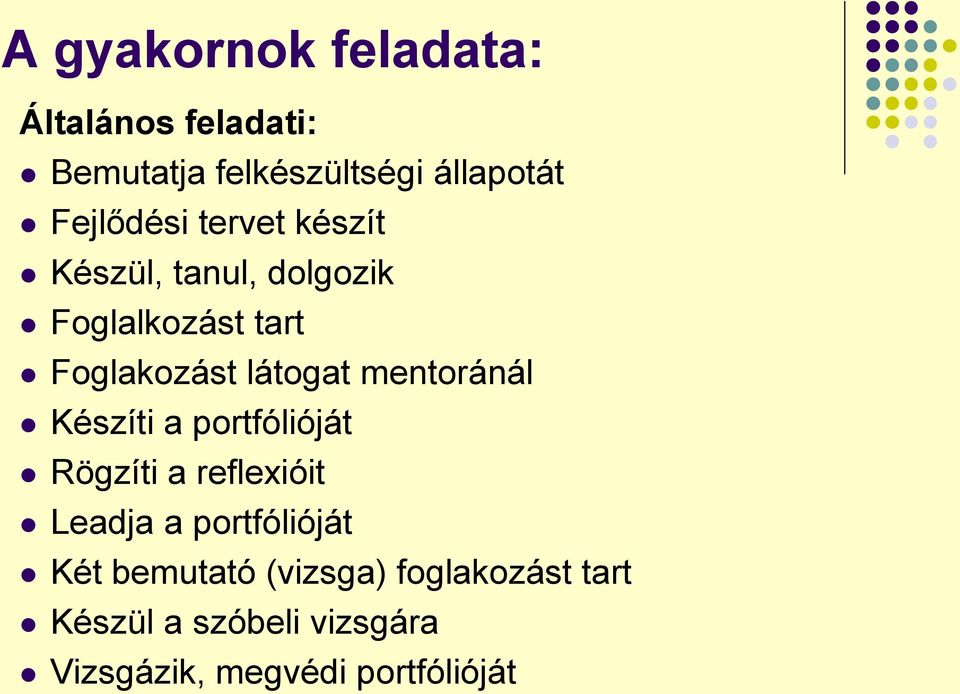 látogat mentoránál Készíti a portfólióját Rögzíti a reflexióit Leadja a