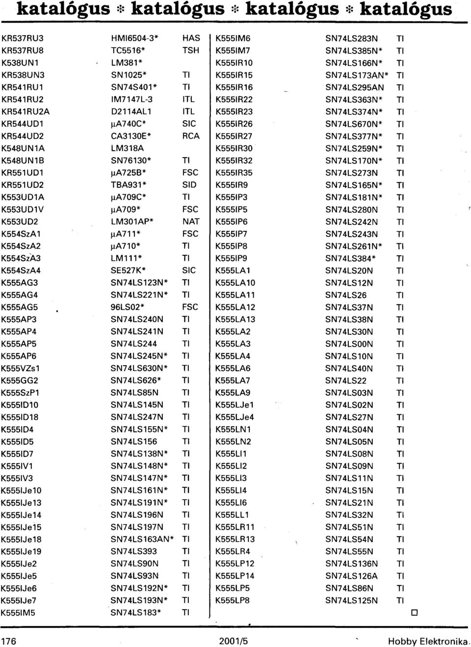 CA3130E* RCA K5551R27 SN74LS377N* K548UN1A LM318A K5551R30 SN74LS259N* K548UN1B SN76130* K5551R32 SN74LS170N* KR551UD1 IlA725B* FSC K5551R35 SN74LS273N KR551UD2 TBA931* SID K5551R9 SN74LS165N*