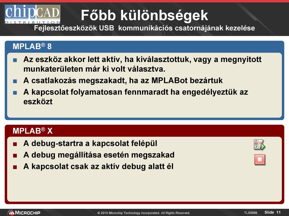 A csatlakozás megszakadt, ha az MPLABot bezártuk A kapcsolat folyamatosan fennmaradt ha engedélyeztük az eszközt MPLAB X A
