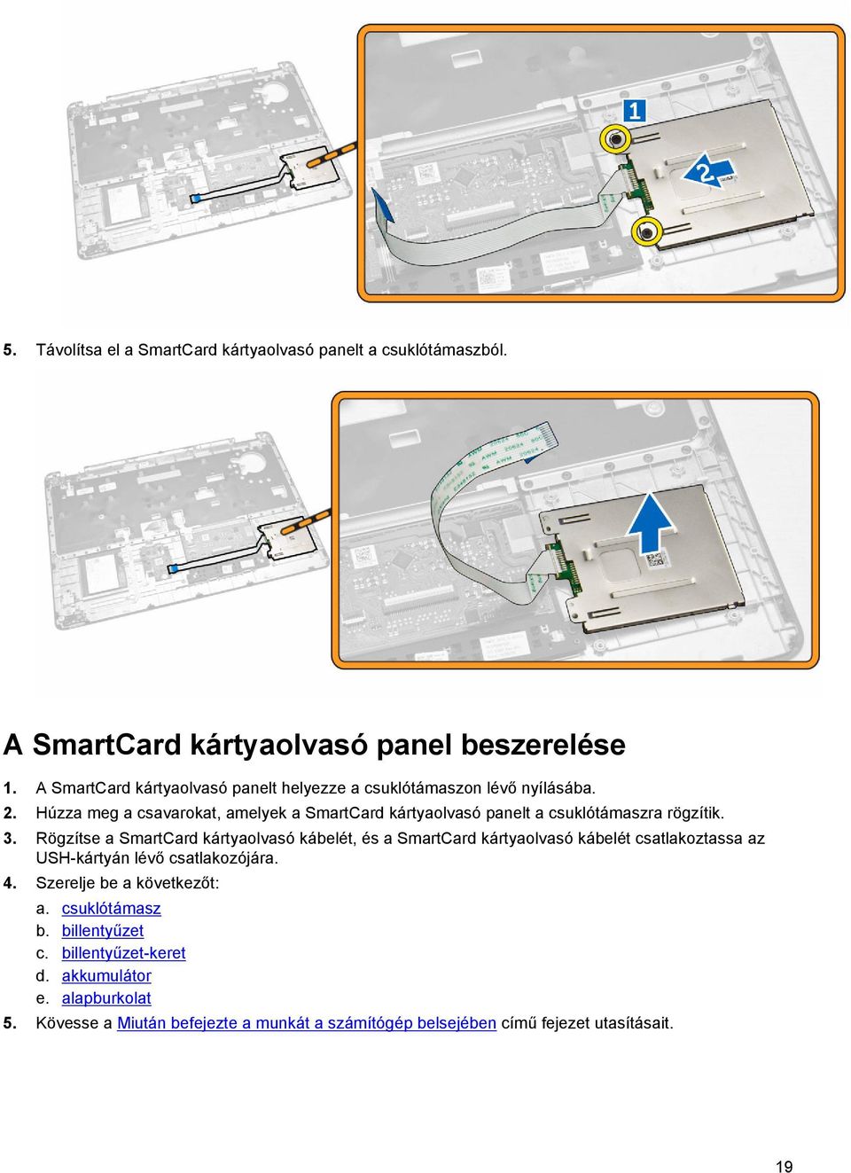 Húzza meg a csavarokat, amelyek a SmartCard kártyaolvasó panelt a csuklótámaszra rögzítik. 3.