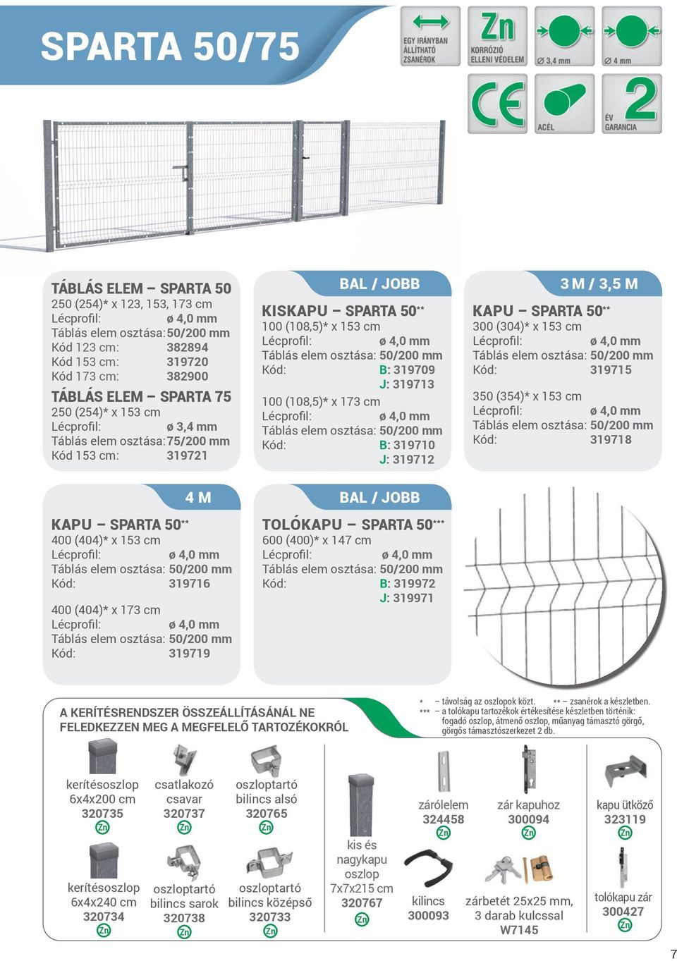 elem osztása: 50/200 mm Kód: 319719 bal / jobb KISKAPU Sparta 50 ** 100 (108,5)* x 153 cm ø 4,0 mm Táblás elem osztása: 50/200 mm Kód: B: 319709 J: 319713 100 (108,5)* x 173 cm ø 4,0 mm Táblás elem