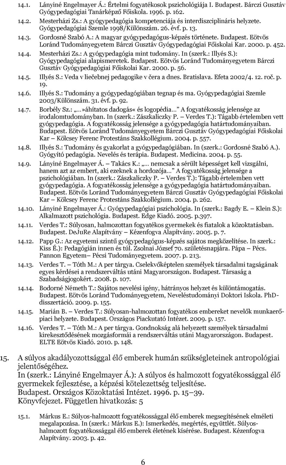 Eötvös Loránd Tudományegyetem Bárczi Gusztáv Gyógypedagógiai Főiskolai Kar. 2000. p. 452. 14.4. Mesterházi Zs.: A gyógypedagógia mint tudomány. In (szerk.: Illyés S.): Gyógypedagógiai alapismeretek.