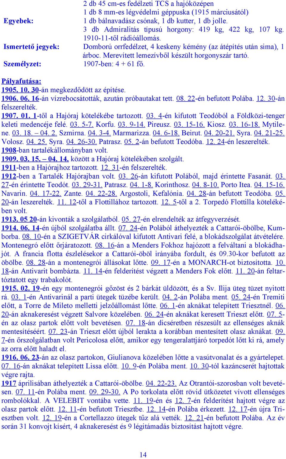 Merevített lemezívből készült horgonyszár tartó. 1907-ben: 4 + 61 fő. Pályafutása: 1905. 10. 30-án megkezdődött az építése. 1906. 06. 16-án vízrebocsátották, azután próbautakat tett. 08.