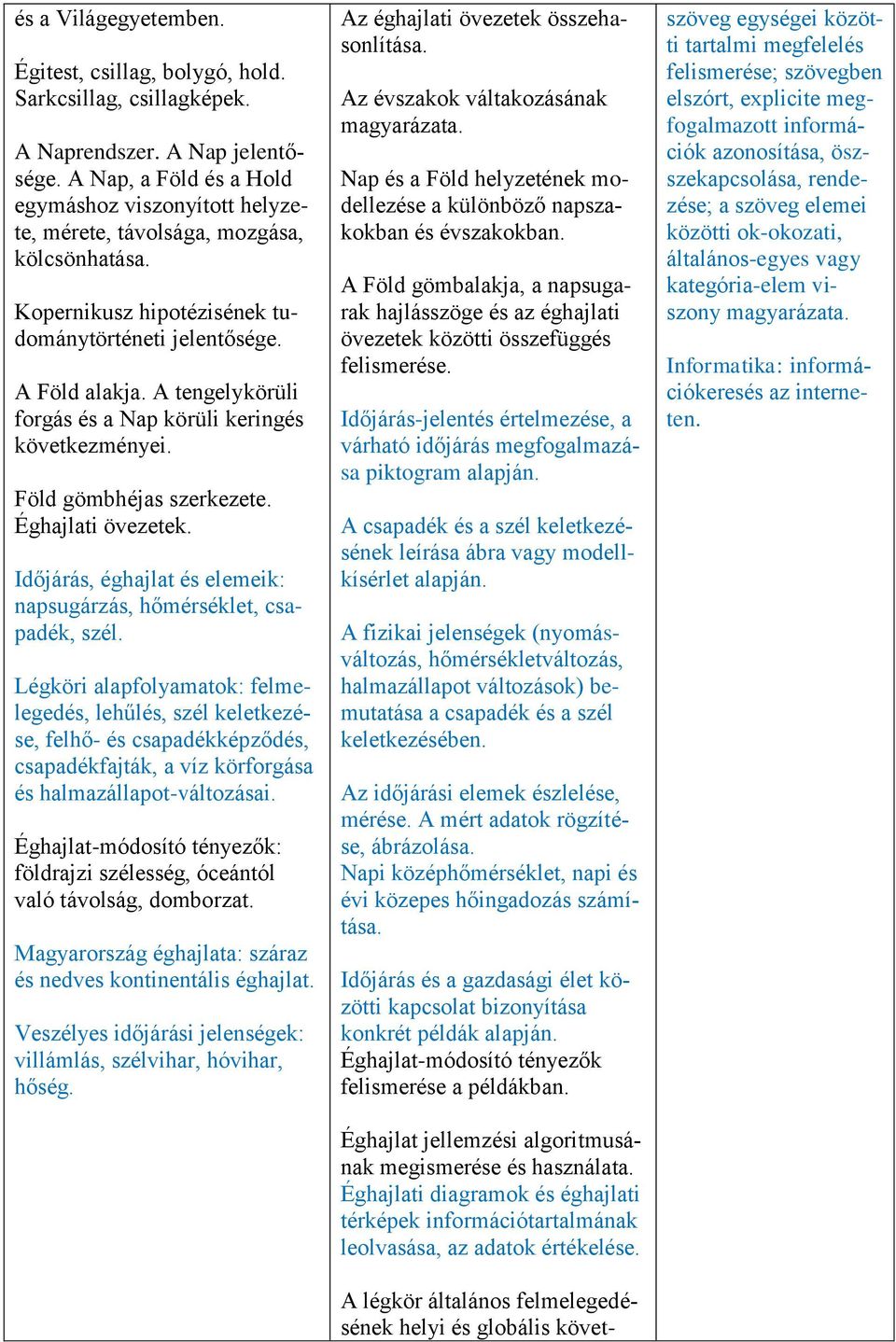 A tengelykörüli forgás és a Nap körüli keringés következményei. Föld gömbhéjas szerkezete. Éghajlati övezetek. Időjárás, éghajlat és elemeik: napsugárzás, hőmérséklet, csapadék, szél.