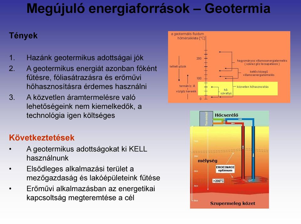 A közvetlen áramtermelésre való lehetőségeink nem kiemelkedők, a technológia igen költséges Következtetések A geotermikus
