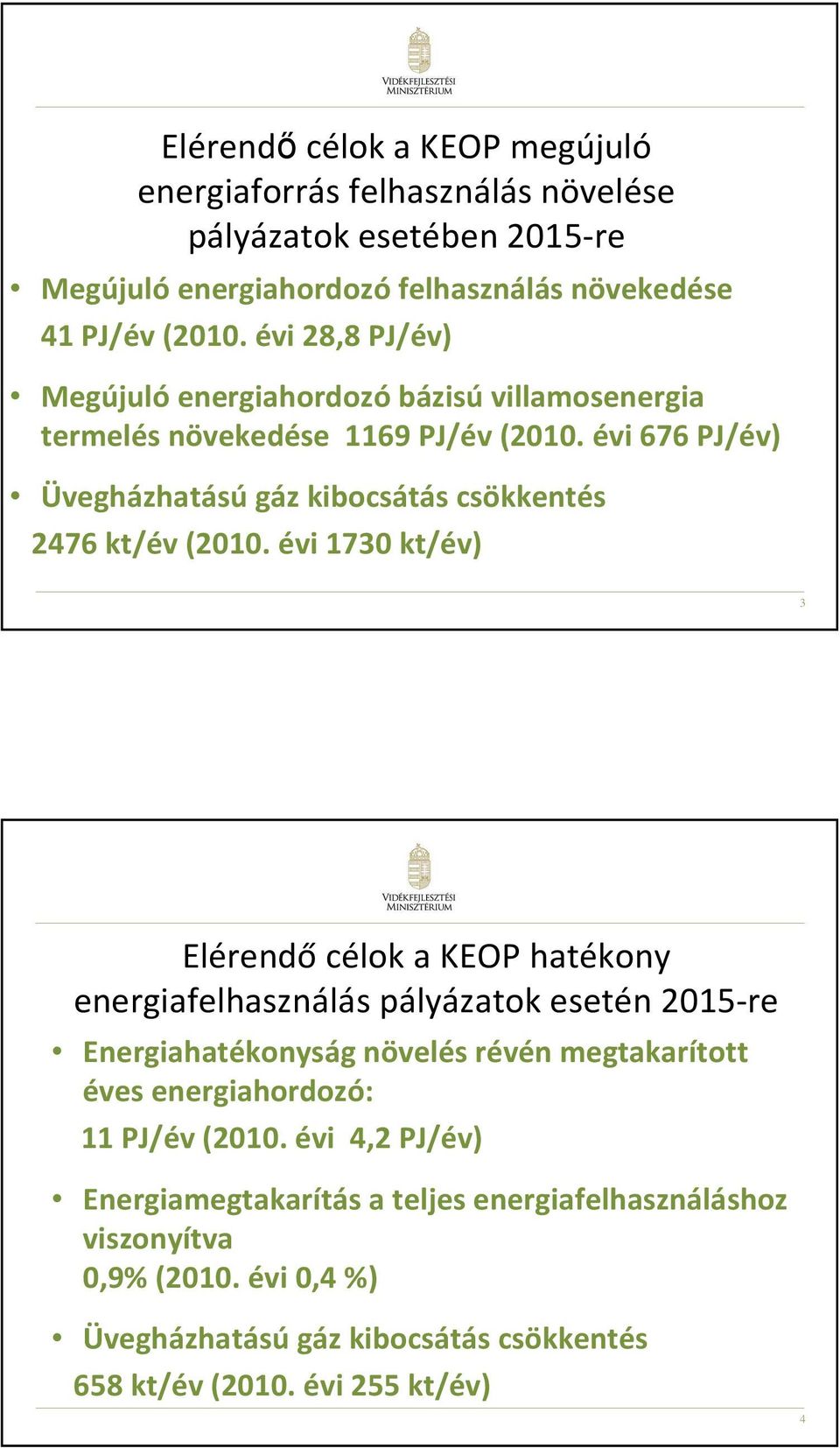 évi 1730 kt/év) 3 Elérendőcélok a KEOP hatékony energiafelhasználás pályázatok esetén 2015-re Energiahatékonyság növelés révén megtakarított éves energiahordozó: 11 PJ/év