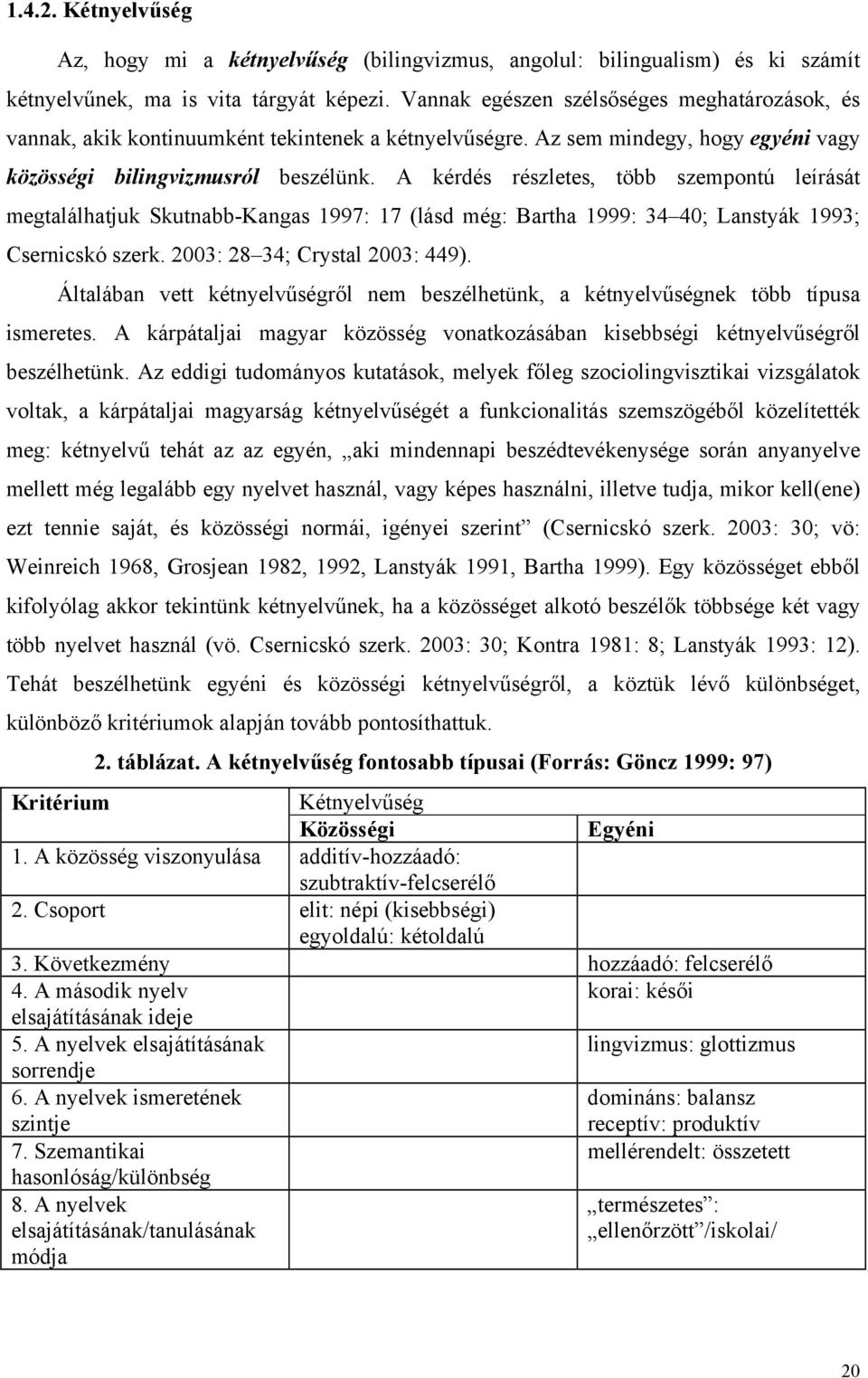 A kérdés részletes, több szempontú leírását megtalálhatjuk Skutnabb-Kangas 1997: 17 (lásd még: Bartha 1999: 34 40; Lanstyák 1993; Csernicskó szerk. 2003: 28 34; Crystal 2003: 449).