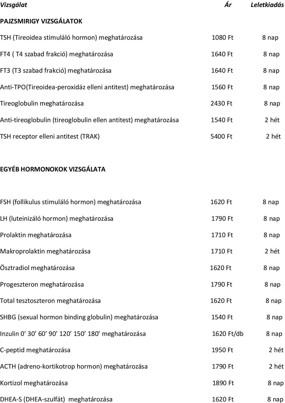 meghatározása 1540 Ft 2 hét TSH receptor elleni antitest (TRAK) 5400 Ft 2 hét EGYÉB HORMONOKOK VIZSGÁLATA FSH (follikulus stimuláló hormon) meghatározása 1620 Ft 8 nap LH (luteinizáló hormon)