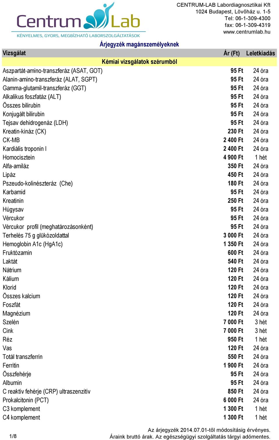 400 Ft 24 óra Homocisztein 4 900 Ft 1 hét Alfa-amiláz 350 Ft 24 óra Lipáz 450 Ft 24 óra Pszeudo-kolinészteráz (Che) 180 Ft 24 óra Karbamid 95 Ft 24 óra Kreatinin 250 Ft 24 óra Húgysav 95 Ft 24 óra
