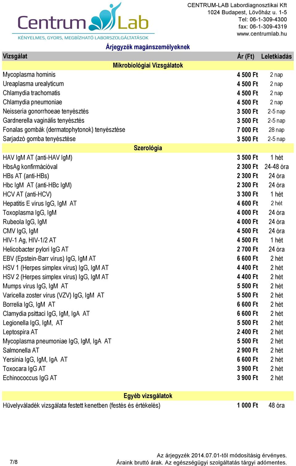 IgM AT (anti-hav IgM) 3 500 Ft 1 hét HbsAg konfirmációval 2 300 Ft 24-48 óra HBs AT (anti-hbs) 2 300 Ft 24 óra Hbc IgM AT (anti-hbc IgM) 2 300 Ft 24 óra HCV AT (anti-hcv) 3 300 Ft 1 hét Hepatitis E