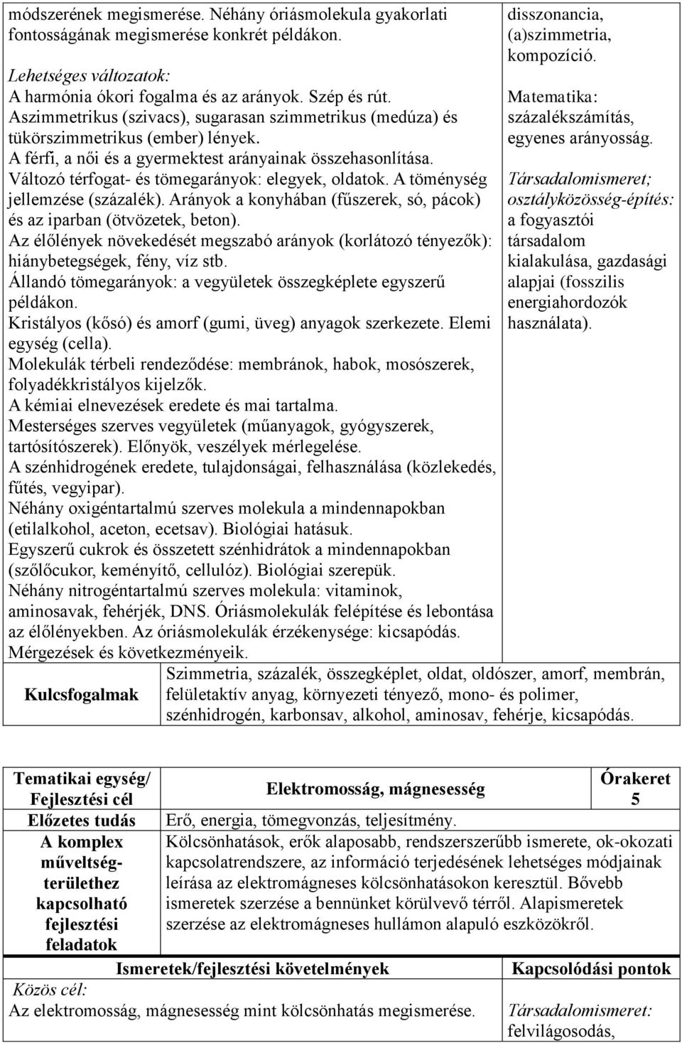 Változó térfogat- és tömegarányok: elegyek, oldatok. A töménység jellemzése (százalék). Arányok a konyhában (fűszerek, só, pácok) és az iparban (ötvözetek, beton).