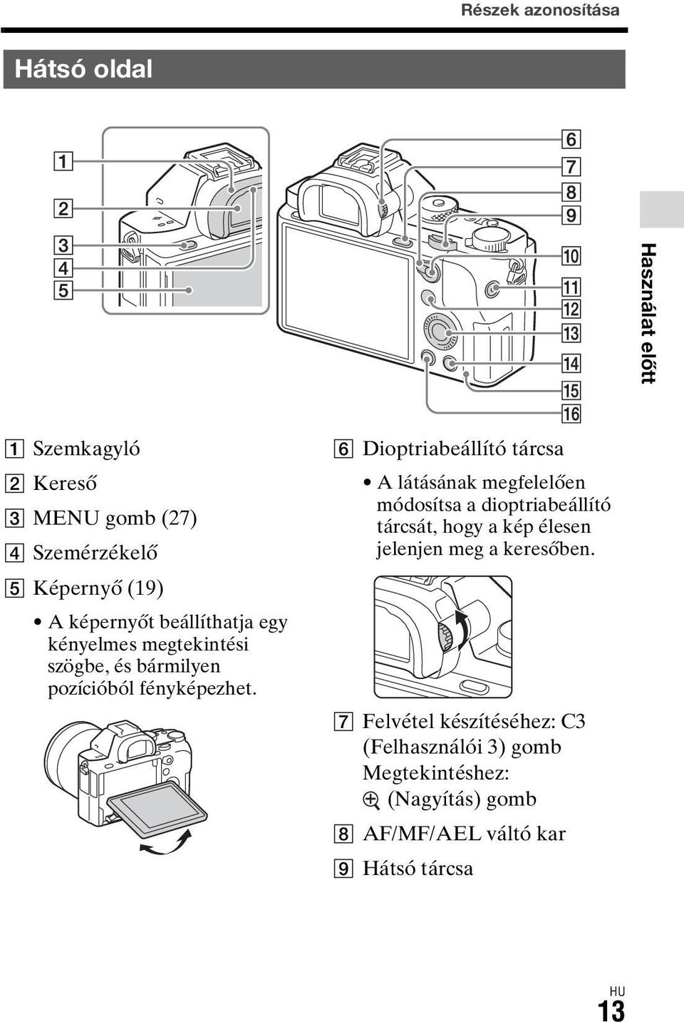 F Dioptriabeállító tárcsa A látásának megfelelően módosítsa a dioptriabeállító tárcsát, hogy a kép élesen jelenjen