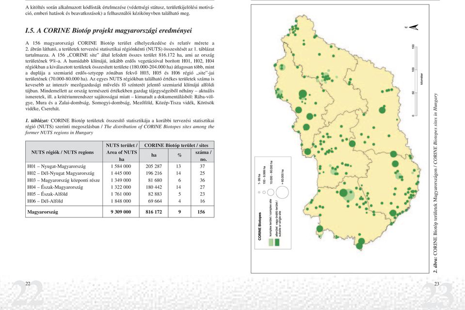 ábrán látható, a területek tervezési statisztikai régiónkénti (NUTS) összesítését az 1. táblázat tartalmazza. A 156 COINE site által lefedett összes terület 816.172 ha, ami az ország területének 9%-a.