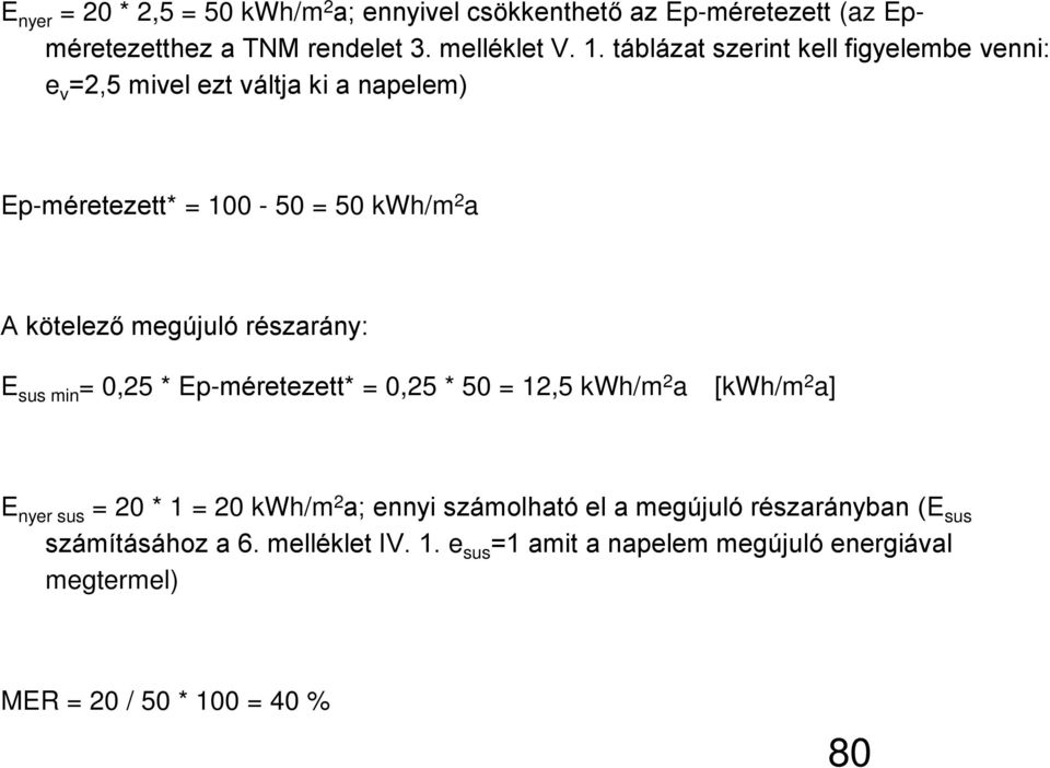 részarány: E sus min = 0,25 * Ep-méretezett* = 0,25 * 50 = 12,5 kwh/m 2 a [kwh/m 2 a] E nyer sus = 20 * 1 = 20 kwh/m 2 a; ennyi számolható