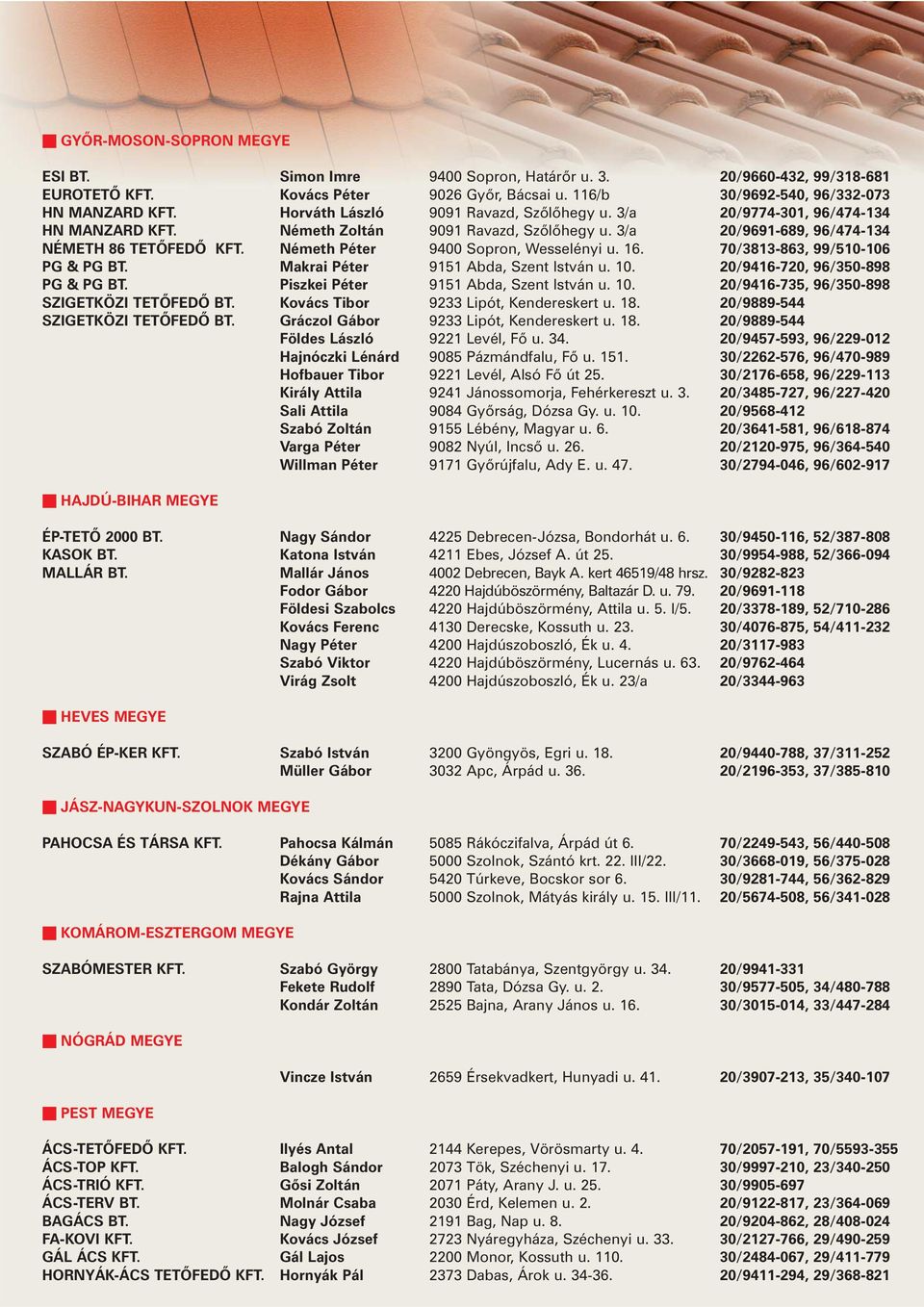 Németh Péter 9400 Sopron, Wesselényi u. 16. 70/3813-863, 99/510-106 PG & PG BT. Makrai Péter 9151 Abda, Szent István u. 10. 20/9416-720, 96/350-898 PG & PG BT. Piszkei Péter 9151 Abda, Szent István u.