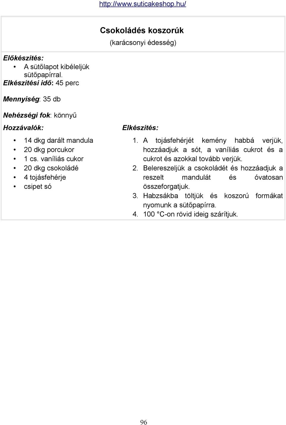 vaníliás cukor 20 dkg csokoládé 4 tojásfehérje csipet só 1.