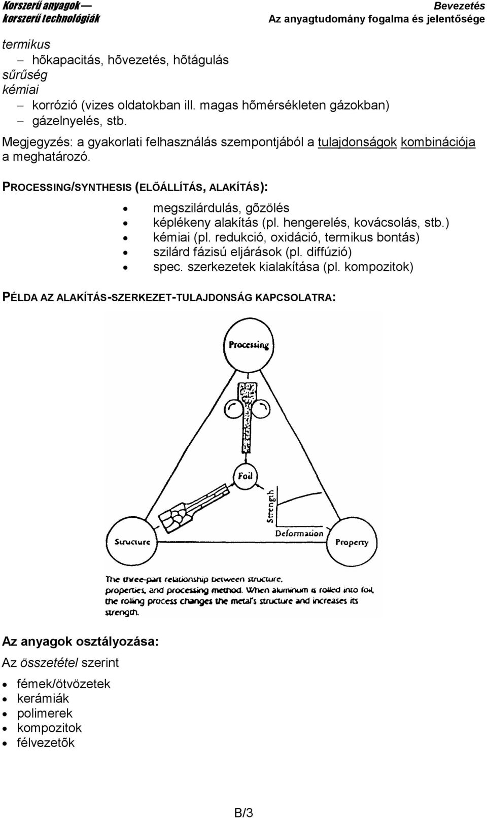 PROCESSING/SYNTHESIS (ELÕÁLLÍTÁS, ALAKÍTÁS): megszilárdulás, gõzölés képlékeny alakítás (pl. hengerelés, kovácsolás, stb.) kémiai (pl.