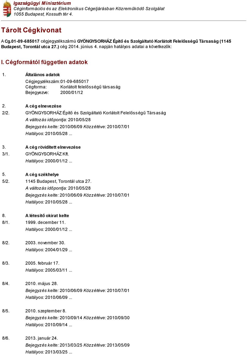Cégformától független adatok 1. Általános adatok Cégjegyzékszám:01-09-685017 Cégforma: Korlátolt felelősségű társaság Bejegyezve: 2000/01/12 2. A cég elnevezése 2/2.